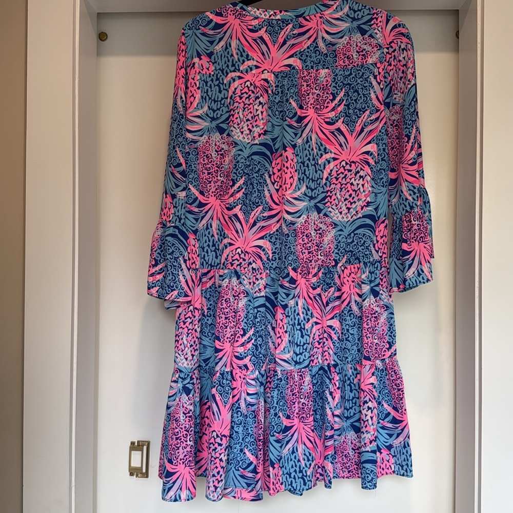 Lilly Pulitzer Women's Sz 8 Blue Pink Abstract Floral Print Tiered Midi Dress - Picture 5 of 5